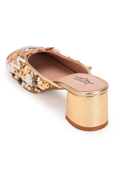 Shop 5elements Gold Dabka Lotus Motif Embellished Mule Heels Shop_5elements_Gold Dabka Lotus Motif Embellished Mule Heels
