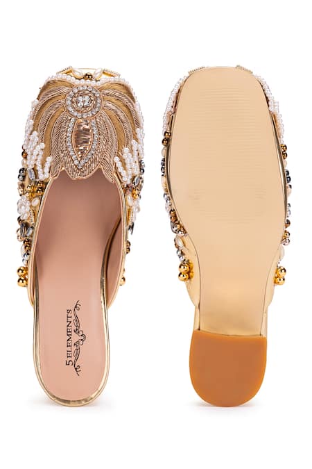 Shop 5elements Gold Dabka Lotus Motif Embellished Mule Heels at Aza Fashions Shop_5elements_Gold Dabka Lotus Motif Embellished Mule Heels _at_Aza_Fashions