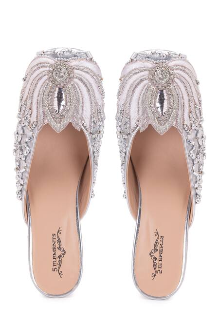 5elements Silver Diamonds, Embroidery Lotus Motif Dabka And Nakshi Work Mule Heels Online at Aza Fashions 5elements_Silver Diamonds, Embroidery Lotus Motif Dabka And Nakshi Work Mule Heels _Online_at_Aza_Fashions