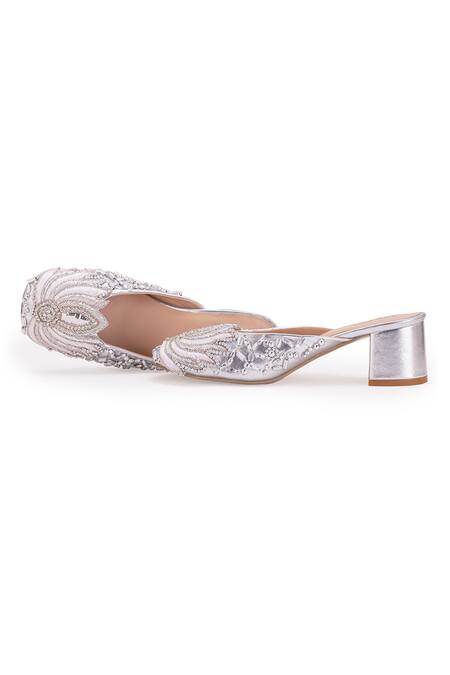 Buy 5elements Silver Diamonds, Embroidery Lotus Motif Dabka And Nakshi Work Mule Heels Online at Aza Fashions Buy_5elements_Silver Diamonds, Embroidery Lotus Motif Dabka And Nakshi Work Mule Heels _Online_at_Aza_Fashions