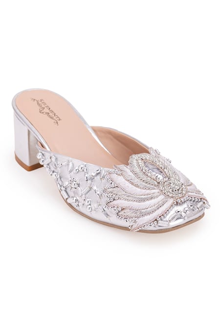 Shop 5elements Silver Diamonds, Embroidery Lotus Motif Dabka And Nakshi Work Mule Heels Online at Aza Fashions Shop_5elements_Silver Diamonds, Embroidery Lotus Motif Dabka And Nakshi Work Mule Heels _Online_at_Aza_Fashions
