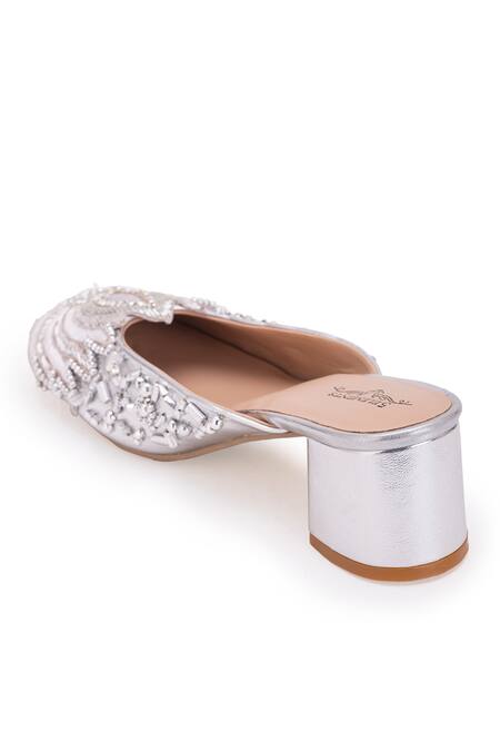 Buy 5elements Silver Diamonds, Embroidery Lotus Motif Dabka And Nakshi Work Mule Heels Buy_5elements_Silver Diamonds, Embroidery Lotus Motif Dabka And Nakshi Work Mule Heels