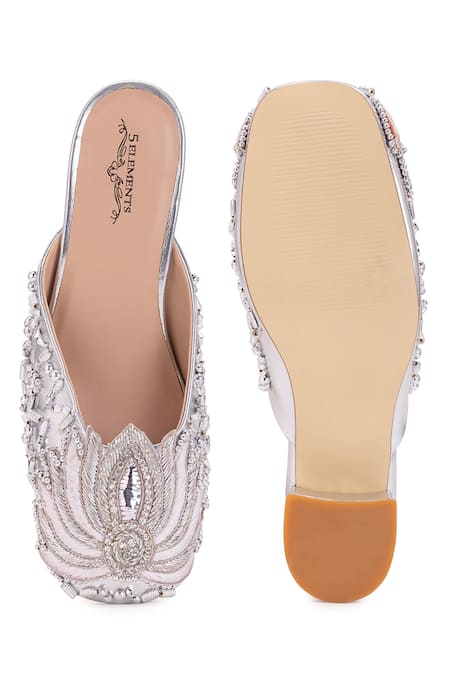 Shop 5elements Silver Diamonds, Embroidery Lotus Motif Dabka And Nakshi Work Mule Heels at Aza Fashions Shop_5elements_Silver Diamonds, Embroidery Lotus Motif Dabka And Nakshi Work Mule Heels _at_Aza_Fashions