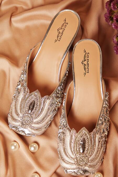 Shop 5elements Silver Diamonds, Embroidery Lotus Motif Dabka And Nakshi Work Mule Heels Shop_5elements_Silver Diamonds, Embroidery Lotus Motif Dabka And Nakshi Work Mule Heels