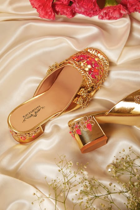 Shop 5elements Gold Gota Patti Work Mule Heels at Aza Fashions Shop_5elements_Gold Gota Patti Work Mule Heels _at_Aza_Fashions