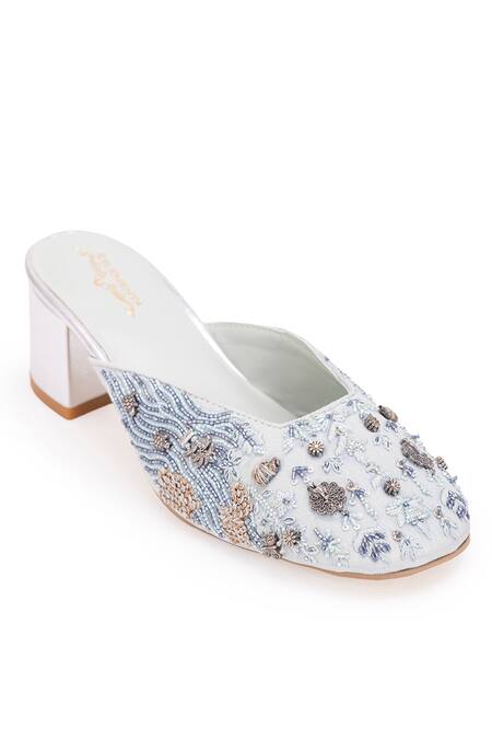 5elements White Silk Thread Neytiri Floral Embroidered Mule Heels Online at Aza Fashions 5elements_White Silk Thread Neytiri Floral Embroidered Mule Heels _Online_at_Aza_Fashions