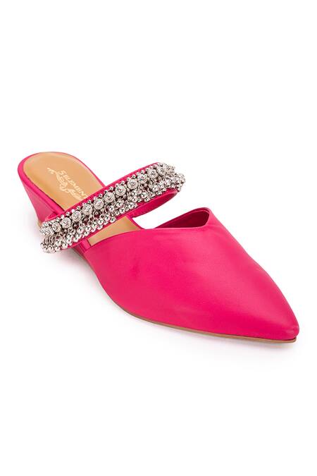 5elements Pink Ghungroo Akali Peacock Embellished Strap Mule Heels Online at Aza Fashions 5elements_Pink Ghungroo Akali Peacock Embellished Strap Mule Heels _Online_at_Aza_Fashions