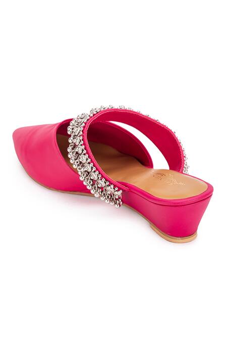 5elements Pink Ghungroo Akali Peacock Embellished Strap Mule Heels at Aza Fashions 5elements_Pink Ghungroo Akali Peacock Embellished Strap Mule Heels _at_Aza_Fashions