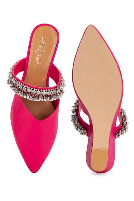 Shop 5elements Pink Ghungroo Akali Peacock Embellished Strap Mule Heels Shop_5elements_Pink Ghungroo Akali Peacock Embellished Strap Mule Heels