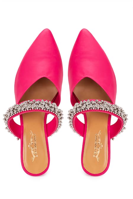 Shop 5elements Pink Ghungroo Akali Peacock Embellished Strap Mule Heels at Aza Fashions Shop_5elements_Pink Ghungroo Akali Peacock Embellished Strap Mule Heels _at_Aza_Fashions