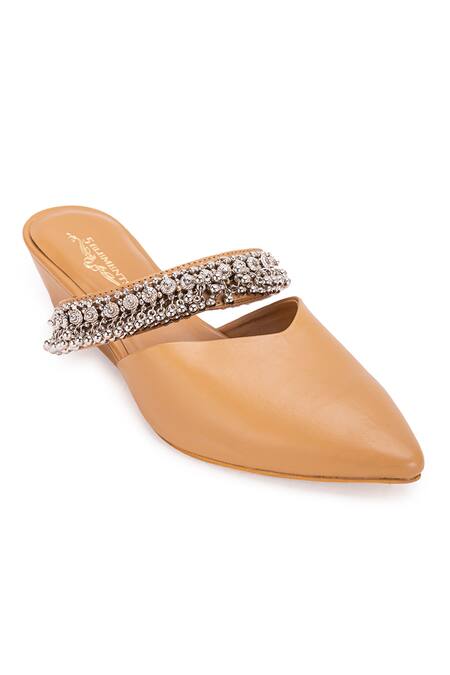 5elements Beige Ghungroo Akali Peacock Embellished Mule Heels at Aza Fashions 5elements_Beige Ghungroo Akali Peacock Embellished Mule Heels _at_Aza_Fashions