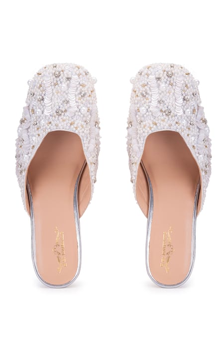 Shop 5elements Gold Stone Siya And Pearl Embroidered Mule Heels at Aza Fashions Shop_5elements_Gold Stone Siya And Pearl Embroidered Mule Heels _at_Aza_Fashions