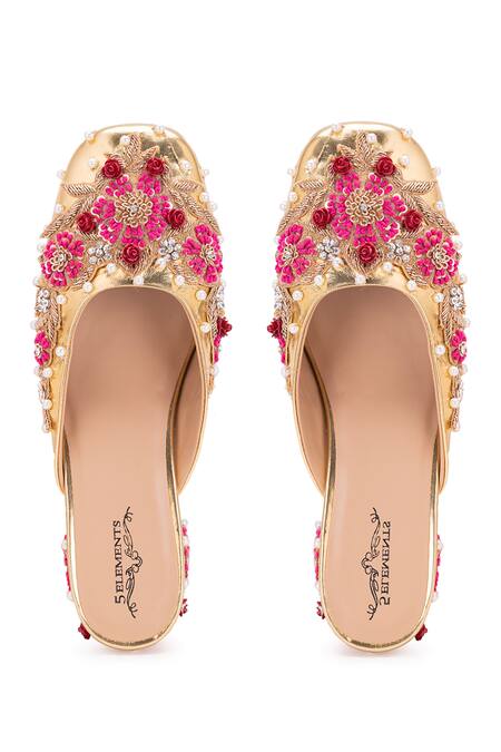 5elements Gold Pearl Bloom Floral Embroidered Mule Heels Online at Aza Fashions 5elements_Gold Pearl Bloom Floral Embroidered Mule Heels _Online_at_Aza_Fashions