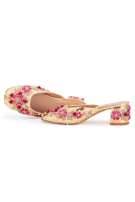 Buy 5elements Gold Pearl Bloom Floral Embroidered Mule Heels Online at Aza Fashions Buy_5elements_Gold Pearl Bloom Floral Embroidered Mule Heels _Online_at_Aza_Fashions