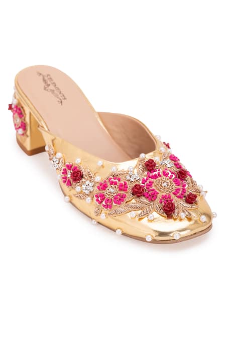 Shop 5elements Gold Pearl Bloom Floral Embroidered Mule Heels Online at Aza Fashions Shop_5elements_Gold Pearl Bloom Floral Embroidered Mule Heels _Online_at_Aza_Fashions