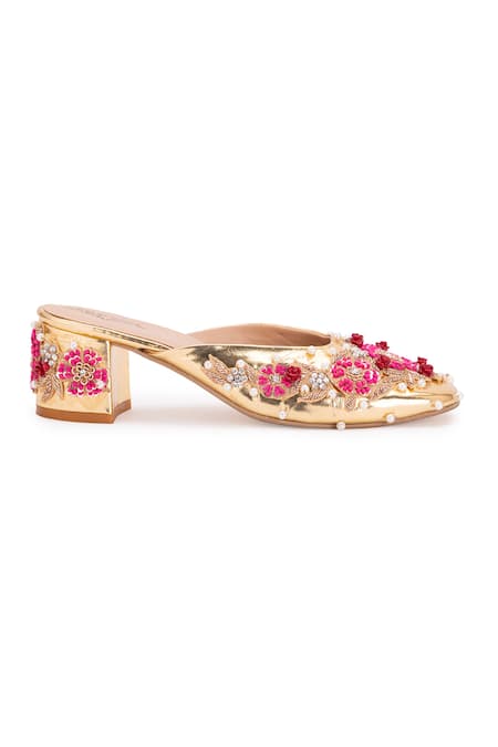 5elements Gold Pearl Bloom Floral Embroidered Mule Heels at Aza Fashions 5elements_Gold Pearl Bloom Floral Embroidered Mule Heels _at_Aza_Fashions