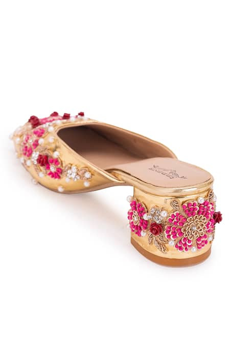 Buy 5elements Gold Pearl Bloom Floral Embroidered Mule Heels Buy_5elements_Gold Pearl Bloom Floral Embroidered Mule Heels