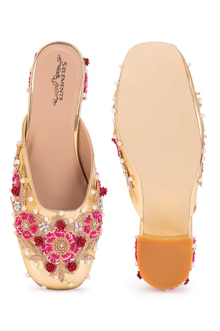 Shop 5elements Gold Pearl Bloom Floral Embroidered Mule Heels at Aza Fashions Shop_5elements_Gold Pearl Bloom Floral Embroidered Mule Heels _at_Aza_Fashions