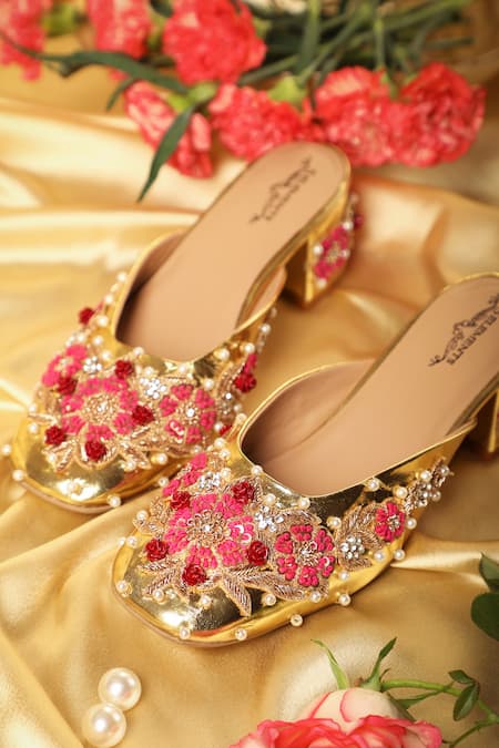 Shop 5elements Gold Pearl Bloom Floral Embroidered Mule Heels Shop_5elements_Gold Pearl Bloom Floral Embroidered Mule Heels