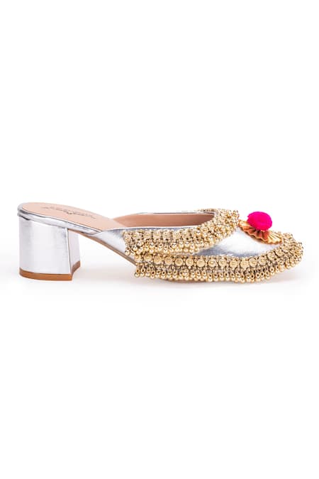 Shop 5elements Silver Gota Ghungroo Crown Mule Heels Online at Aza Fashions Shop_5elements_Silver Gota Ghungroo Crown Mule Heels _Online_at_Aza_Fashions
