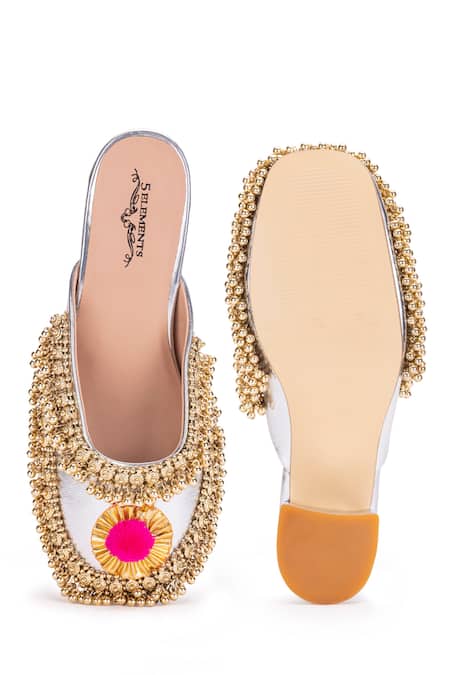 Shop 5elements Silver Gota Ghungroo Crown Mule Heels at Aza Fashions Shop_5elements_Silver Gota Ghungroo Crown Mule Heels _at_Aza_Fashions
