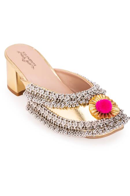 5elements Silver Gota Ghungroo Crown Embellished Mule Heels Online at Aza Fashions 5elements_Silver Gota Ghungroo Crown Embellished Mule Heels _Online_at_Aza_Fashions