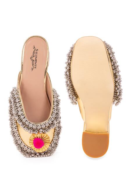 Shop 5elements Silver Gota Ghungroo Crown Embellished Mule Heels at Aza Fashions Shop_5elements_Silver Gota Ghungroo Crown Embellished Mule Heels _at_Aza_Fashions