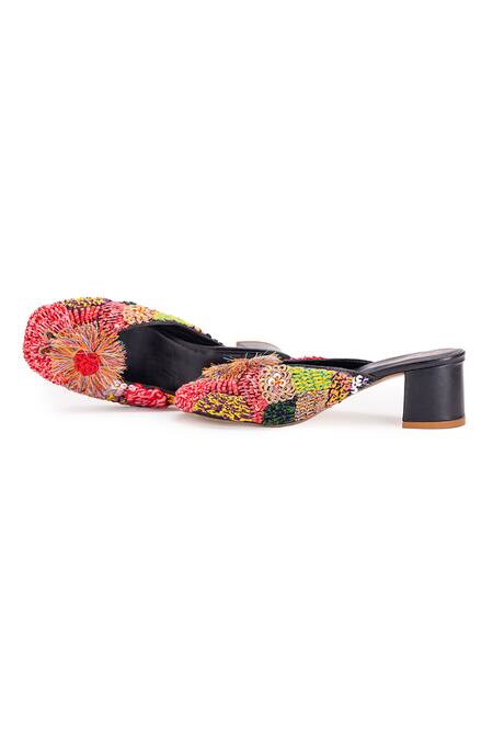 5elements Multi Color Embroidery Inaayat Thread Mule Heels at Aza Fashions 5elements_Multi Color Embroidery Inaayat Thread Mule Heels _at_Aza_Fashions