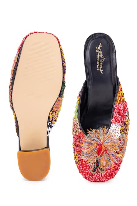 Shop 5elements Multi Color Embroidery Inaayat Thread Mule Heels at Aza Fashions Shop_5elements_Multi Color Embroidery Inaayat Thread Mule Heels _at_Aza_Fashions