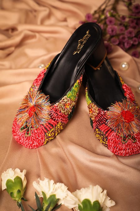 Shop 5elements Multi Color Embroidery Inaayat Thread Mule Heels Shop_5elements_Multi Color Embroidery Inaayat Thread Mule Heels