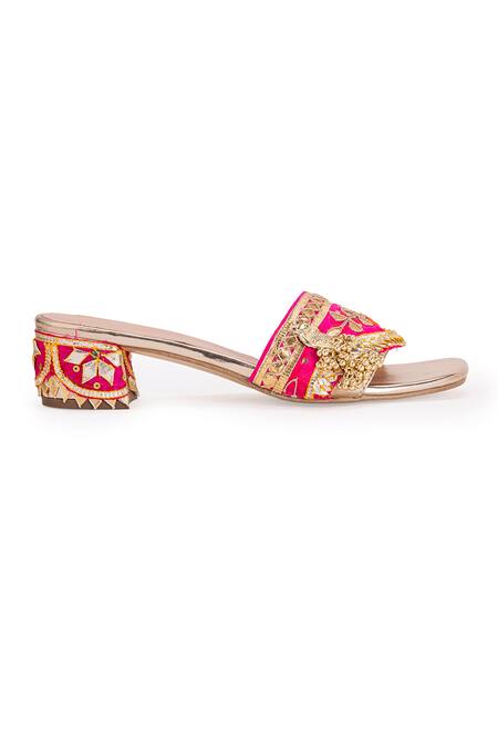 Buy 5elements Pink Gota Atlas Embroidered Sliders Online at Aza Fashions Buy_5elements_Pink Gota Atlas Embroidered Sliders _Online_at_Aza_Fashions