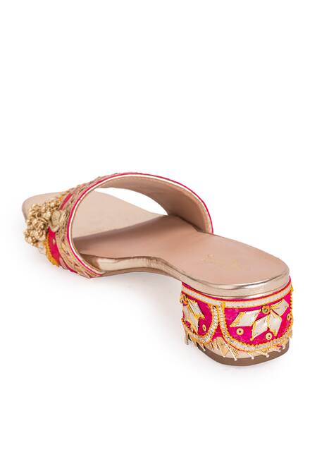 Shop 5elements Pink Gota Atlas Embroidered Sliders Online at Aza Fashions Shop_5elements_Pink Gota Atlas Embroidered Sliders _Online_at_Aza_Fashions