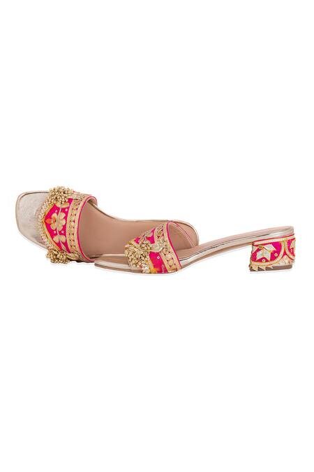 5elements Pink Gota Atlas Embroidered Sliders at Aza Fashions 5elements_Pink Gota Atlas Embroidered Sliders _at_Aza_Fashions