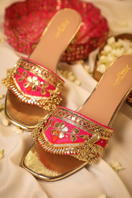 Shop 5elements Pink Gota Atlas Embroidered Sliders Shop_5elements_Pink Gota Atlas Embroidered Sliders