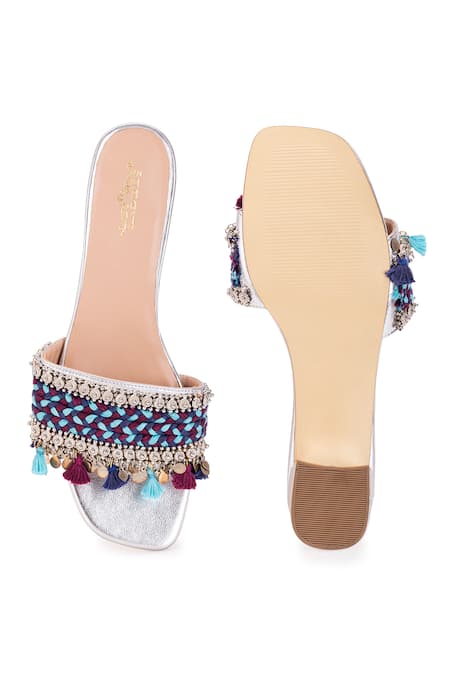 Shop 5elements Multi Color Thread Linus Embroidered Tasseled Heels at Aza Fashions Shop_5elements_Multi Color Thread Linus Embroidered Tasseled Heels _at_Aza_Fashions