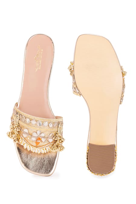 Shop 5elements Gold Gota Patti Work Bird Motif Heels at Aza Fashions Shop_5elements_Gold Gota Patti Work Bird Motif Heels _at_Aza_Fashions
