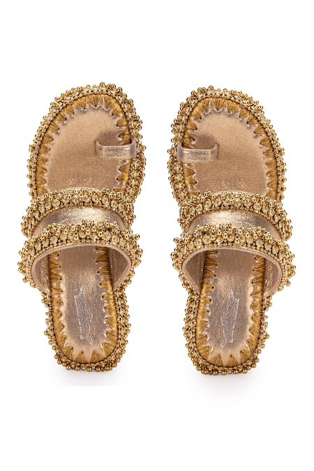 Buy 5elements Gold Gota Patti Asteria Ghungroo Embellished Kolhapuri Wedges Buy_5elements_Gold Gota Patti Asteria Ghungroo Embellished Kolhapuri Wedges