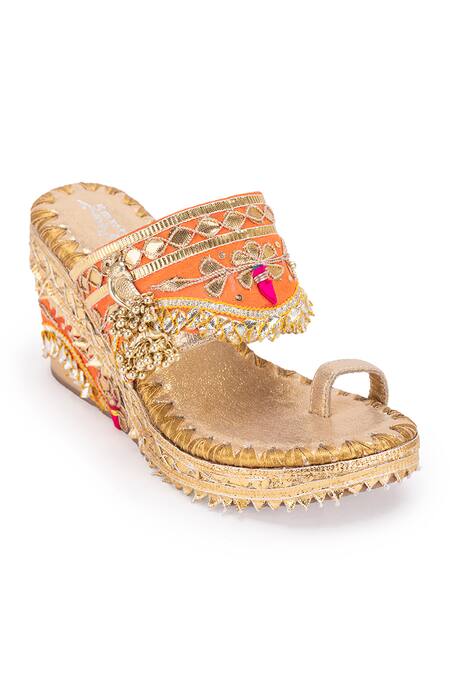 5elements Orange Gota Aurora Work Ghungroo Embellished Wedges Online at Aza Fashions 5elements_Orange Gota Aurora Work Ghungroo Embellished Wedges _Online_at_Aza_Fashions