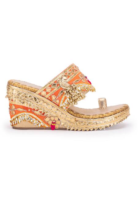 Buy 5elements Orange Gota Aurora Work Ghungroo Embellished Wedges Online at Aza Fashions Buy_5elements_Orange Gota Aurora Work Ghungroo Embellished Wedges _Online_at_Aza_Fashions
