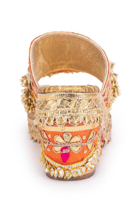 Shop 5elements Orange Gota Aurora Work Ghungroo Embellished Wedges Online at Aza Fashions Shop_5elements_Orange Gota Aurora Work Ghungroo Embellished Wedges _Online_at_Aza_Fashions