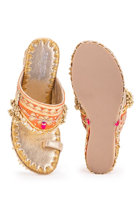 Shop 5elements Orange Gota Aurora Work Ghungroo Embellished Wedges at Aza Fashions Shop_5elements_Orange Gota Aurora Work Ghungroo Embellished Wedges _at_Aza_Fashions