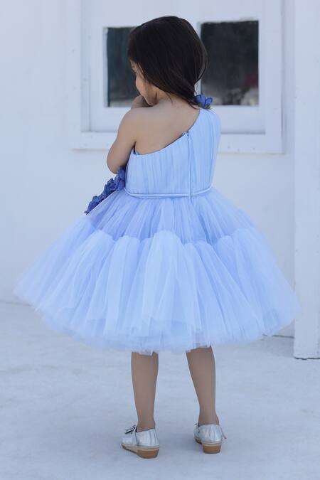 Shop Janyas Closet Blue Silk, Net Fabric Flowers Embellished One Shoulder Dress at Aza Fashions Shop_Janyas Closet_Blue Silk, Net Fabric Flowers Embellished One Shoulder Dress_at_Aza_Fashions