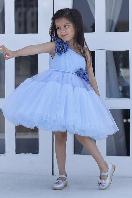 Janyas Closet Blue Silk, Net Fabric Flowers Embellished One Shoulder Dress Online at Aza Fashions Janyas Closet_Blue Silk, Net Fabric Flowers Embellished One Shoulder Dress_Online_at_Aza_Fashions