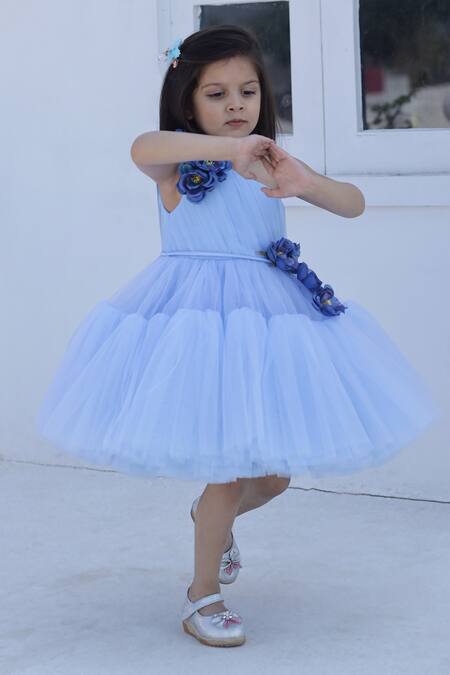 Buy Janyas Closet Blue Silk, Net Fabric Flowers Embellished One Shoulder Dress Online at Aza Fashions Buy_Janyas Closet_Blue Silk, Net Fabric Flowers Embellished One Shoulder Dress_Online_at_Aza_Fashions