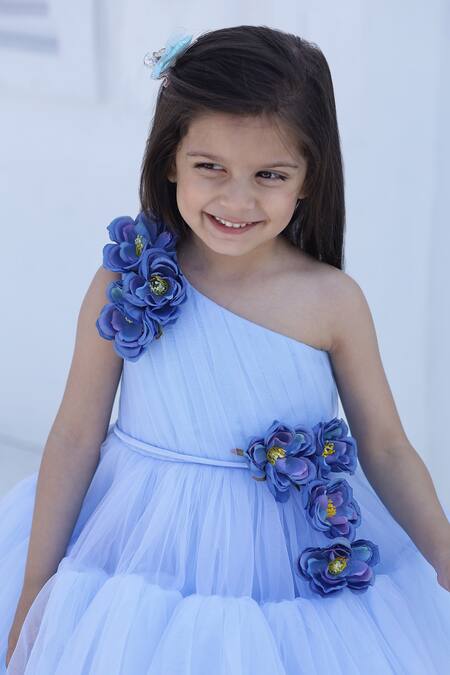 Shop Janyas Closet Blue Silk, Net Fabric Flowers Embellished One Shoulder Dress Online at Aza Fashions Shop_Janyas Closet_Blue Silk, Net Fabric Flowers Embellished One Shoulder Dress_Online_at_Aza_Fashions