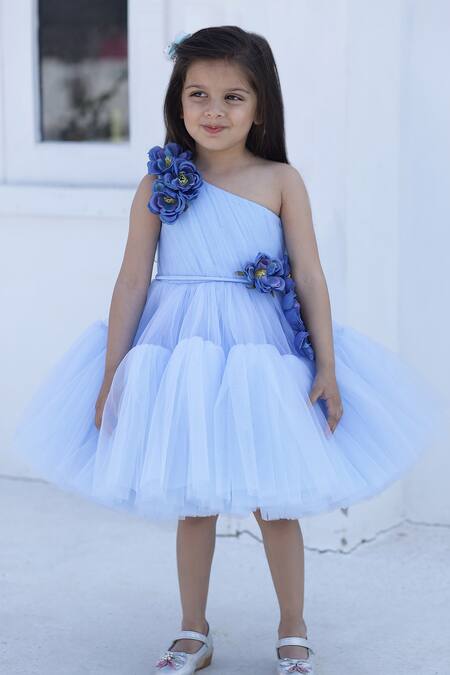 Janyas Closet Blue Silk, Net Fabric Flowers Embellished One Shoulder Dress at Aza Fashions Janyas Closet_Blue Silk, Net Fabric Flowers Embellished One Shoulder Dress_at_Aza_Fashions