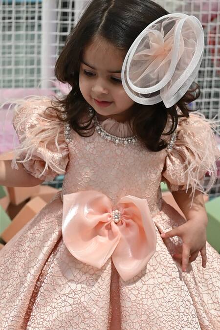 Janyas Closet_Peach Silk, Net, Linen, Jacquard Pearls, Feathers Radiant Blush Dress_Online_at_Aza_Fashions
