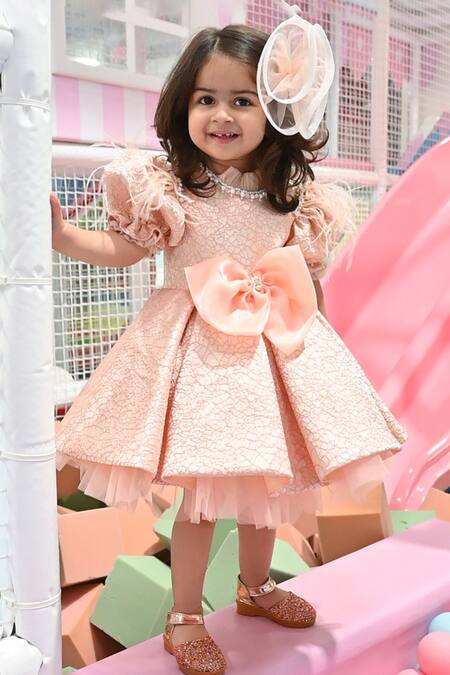 Buy_Janyas Closet_Peach Silk, Net, Linen, Jacquard Pearls, Feathers Radiant Blush Dress_Online_at_Aza_Fashions