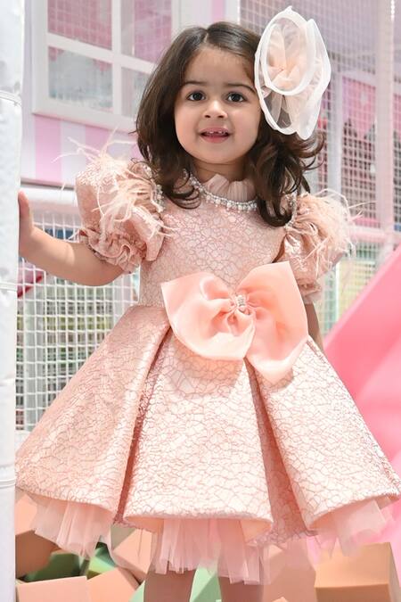 Janyas Closet_Peach Silk, Net, Linen, Jacquard Pearls, Feathers Radiant Blush Dress_at_Aza_Fashions