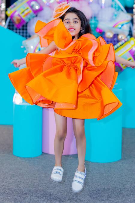 Janyas Closet_Orange Taffeta, Silk Layered Ruffled Dress_Online_at_Aza_Fashions